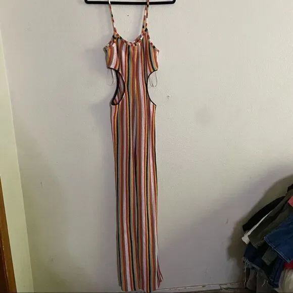 Zara Knit Terrycloth Striped Jumpsuit Womens Side Cut Out Rainbow Cotton - Picture 7 of 11